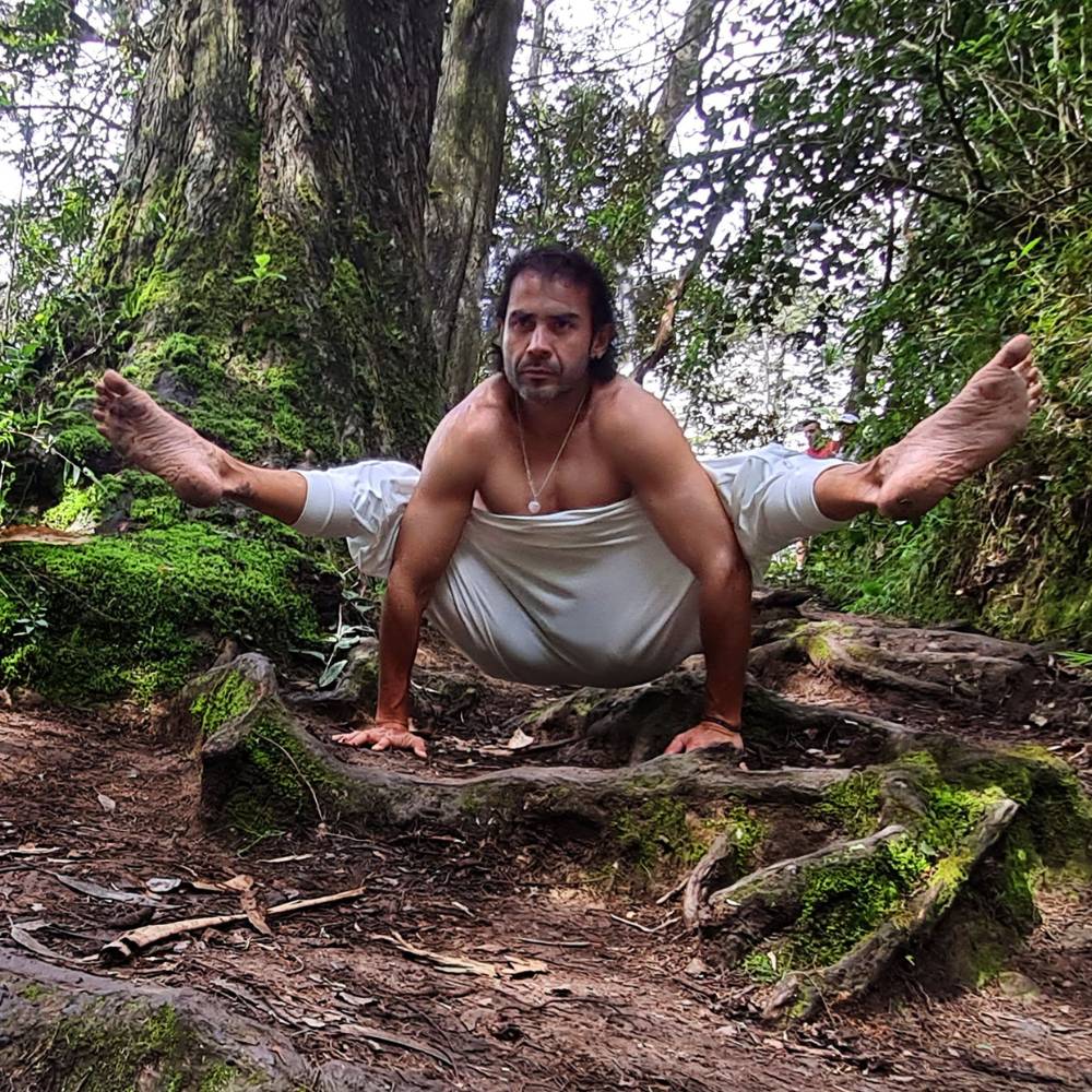 En medio de la exuberante vegetación del bosque, un yogui viste una camiseta sin mangas blanca y pantalones blancos mientras equilibra en una postura de manos y pies, con las piernas abiertas. Una búsqueda de calma y fuerza en la naturaleza.